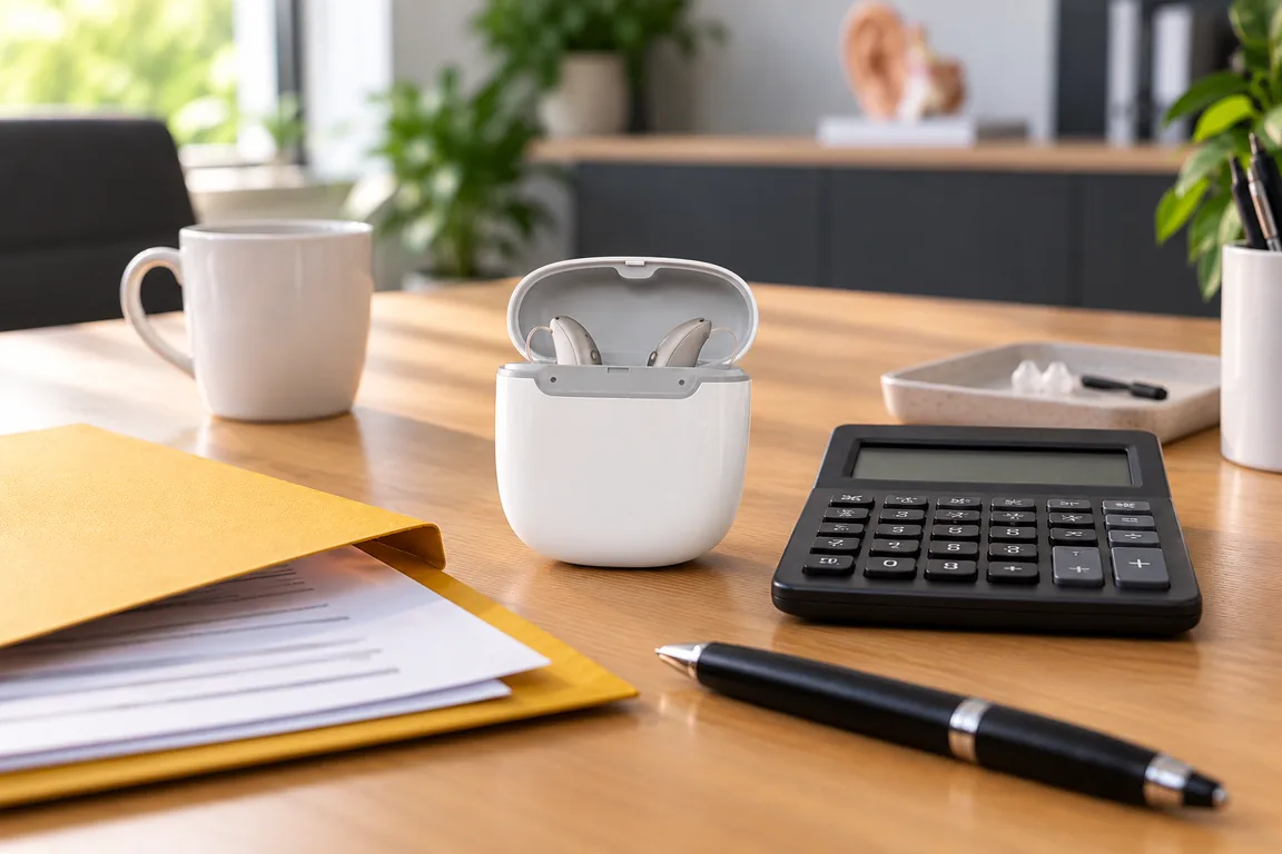 Dossier, calculatrice et aides auditives dans leur chargeur sur le bureau d’un audioprothésiste