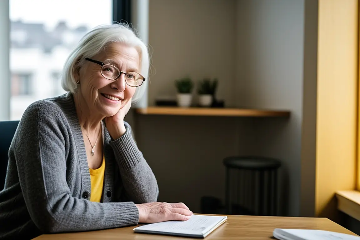 Photo d’illustration : une femme âgée souriante lors d’un rendez-vous, assise à un bureau dans une pièce lumineuse